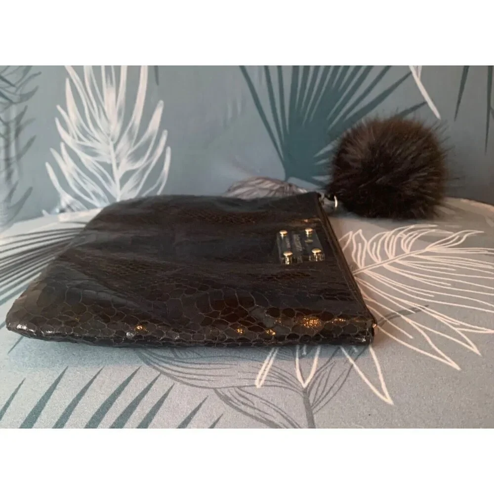 Kate Spade black Snake Skin Clutch Purse Handbag FUR ZIPPER PULL